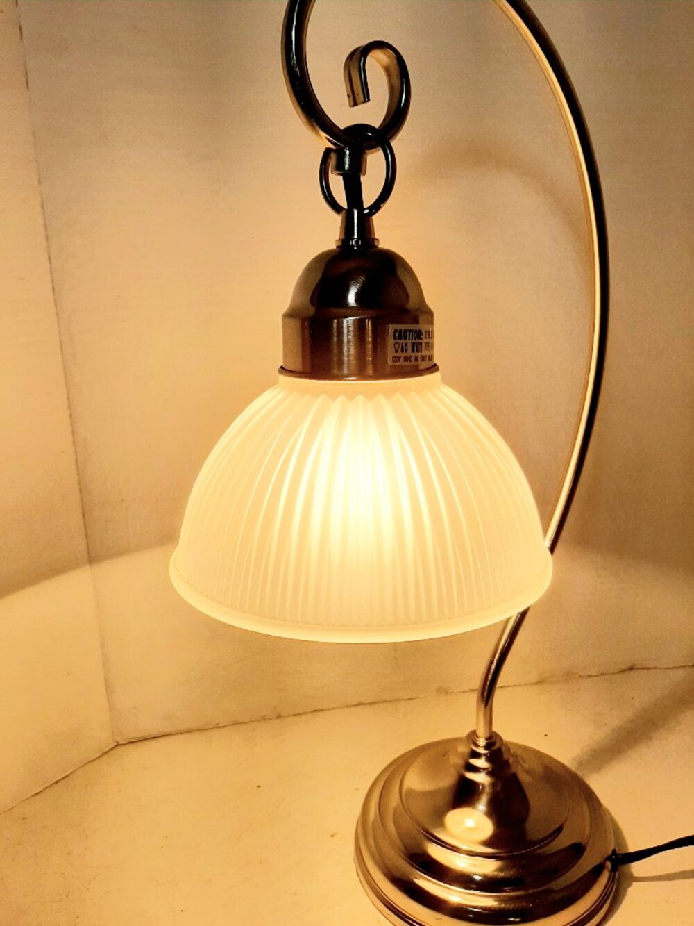 Chrome and Satin ribbed glass shade accent table lamp.
